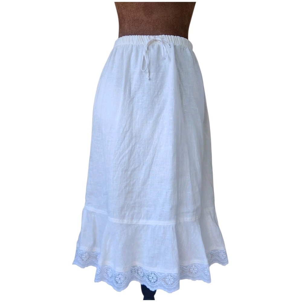 Vintage CLIO Linen Skirt Size M Ivory Lace Romantic Boho Prairie Lined Neutral